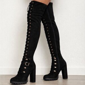 New Luxe Black Thigh High Faux Suede Lace Up Boots Chucky Heel/ 9.5